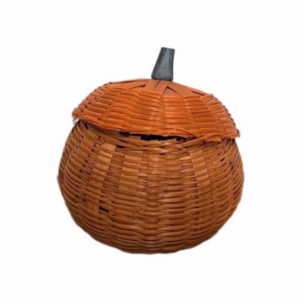 Vintage Wicker Pumpkin Basket W/lid Cottagecore Farmhouse Fall Autumn